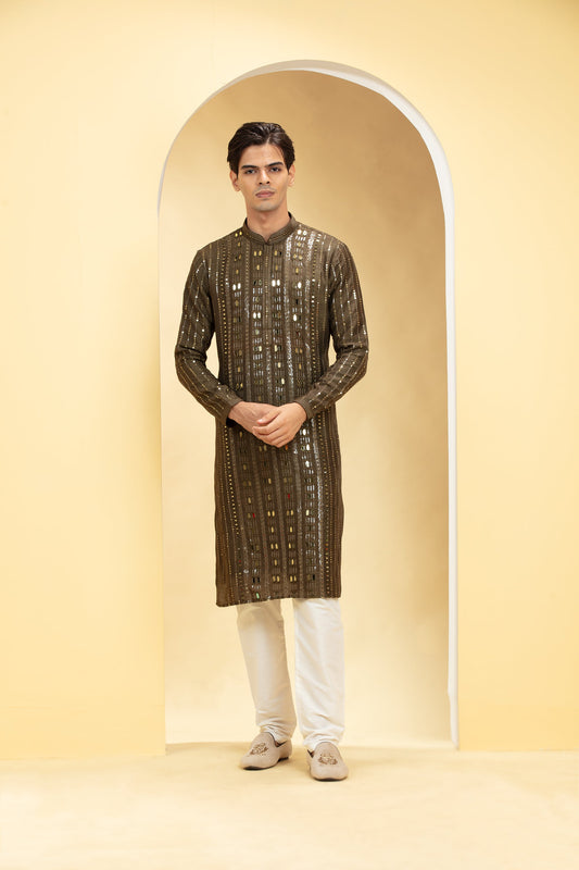 Mehendi Green Lucknowi kurta pajama Set with Sequins and Thread work