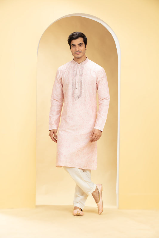 Pastel Pink kurta pajama set with thread embroidery