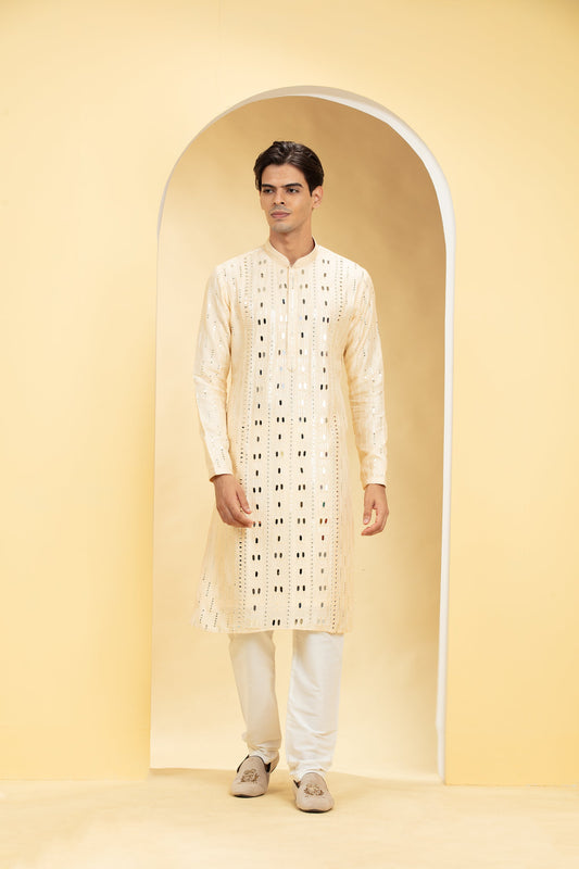 Champagne yellow Lucknowi kurta pajama Set with Mirror and Thread work