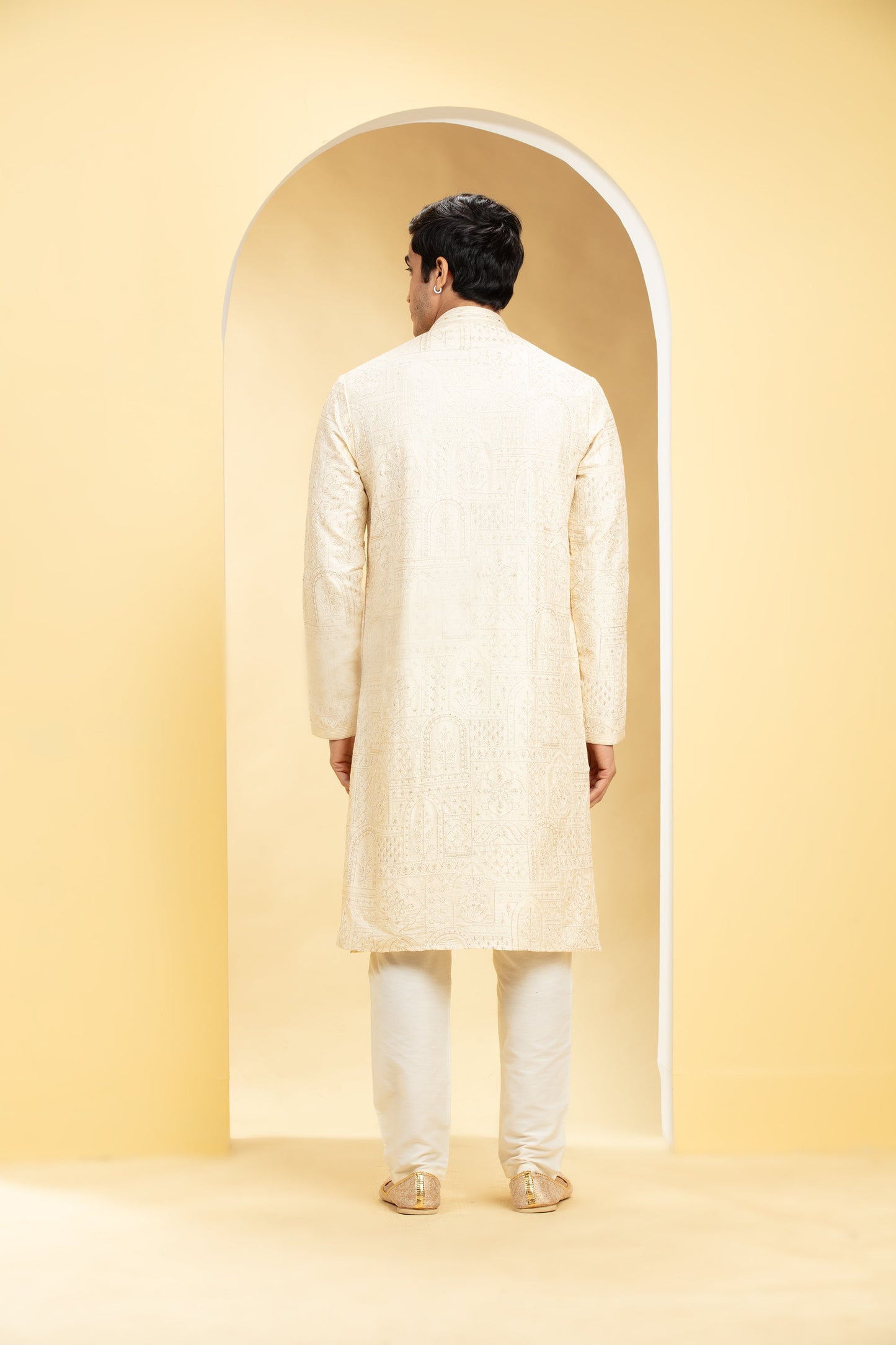 Cream White Silk kurta pajama set with self thread work