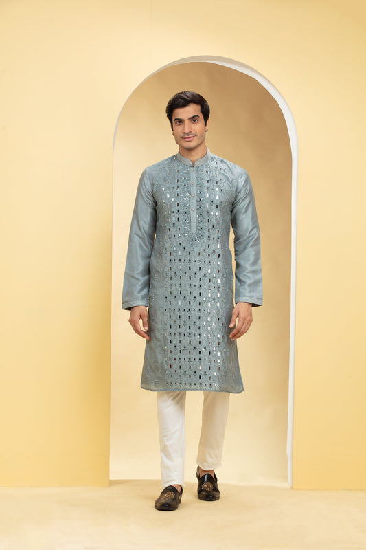 Slate Grey Lucknowi kurta pajama Set with Mirror and Thread work