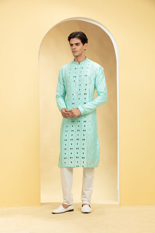 Light turquoise Lucknowi kurta pajama Set with Mirror and Thread work
