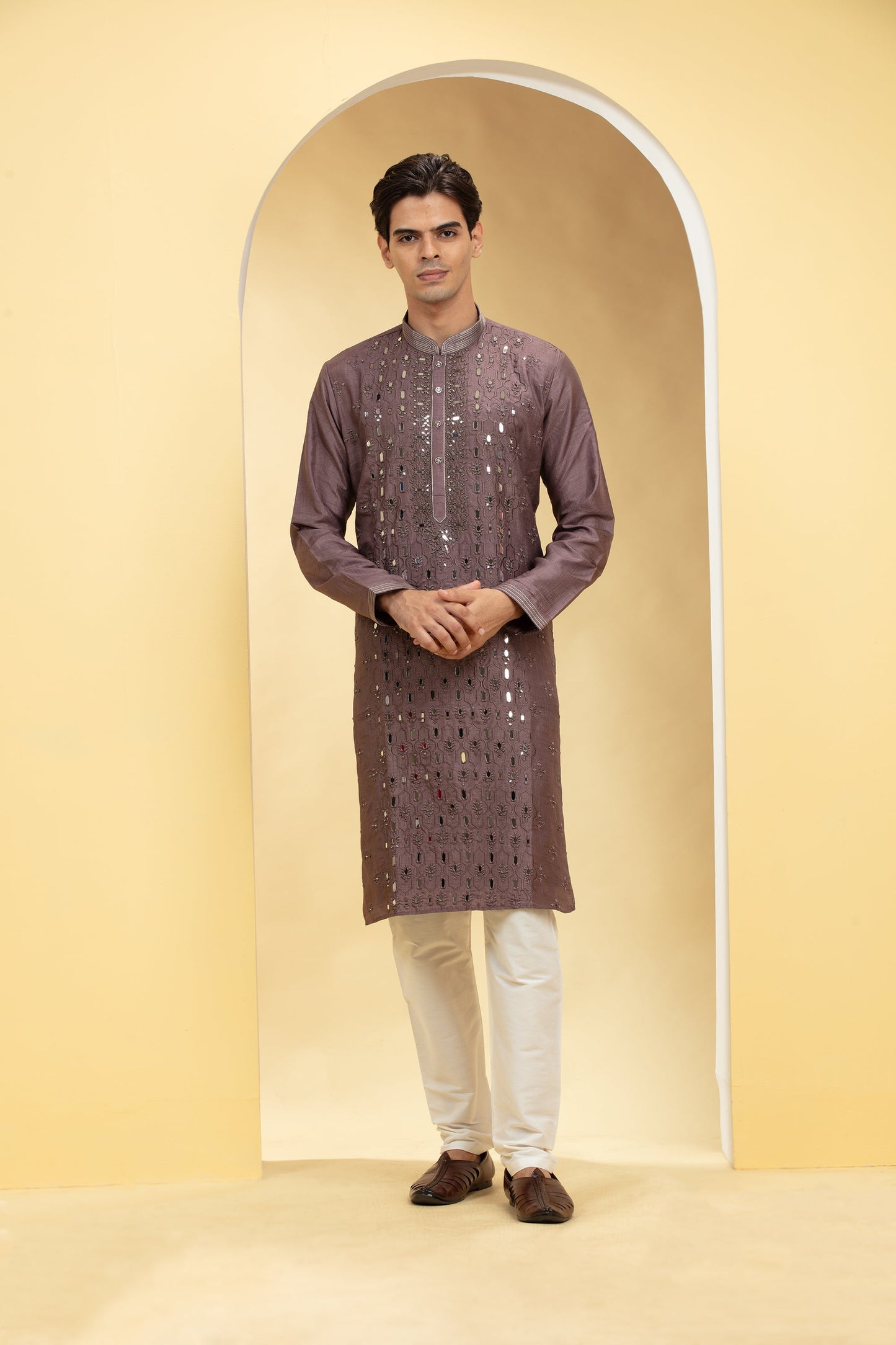 Umber brown Lucknowi kurta pajama Set with Mirror and Thread work