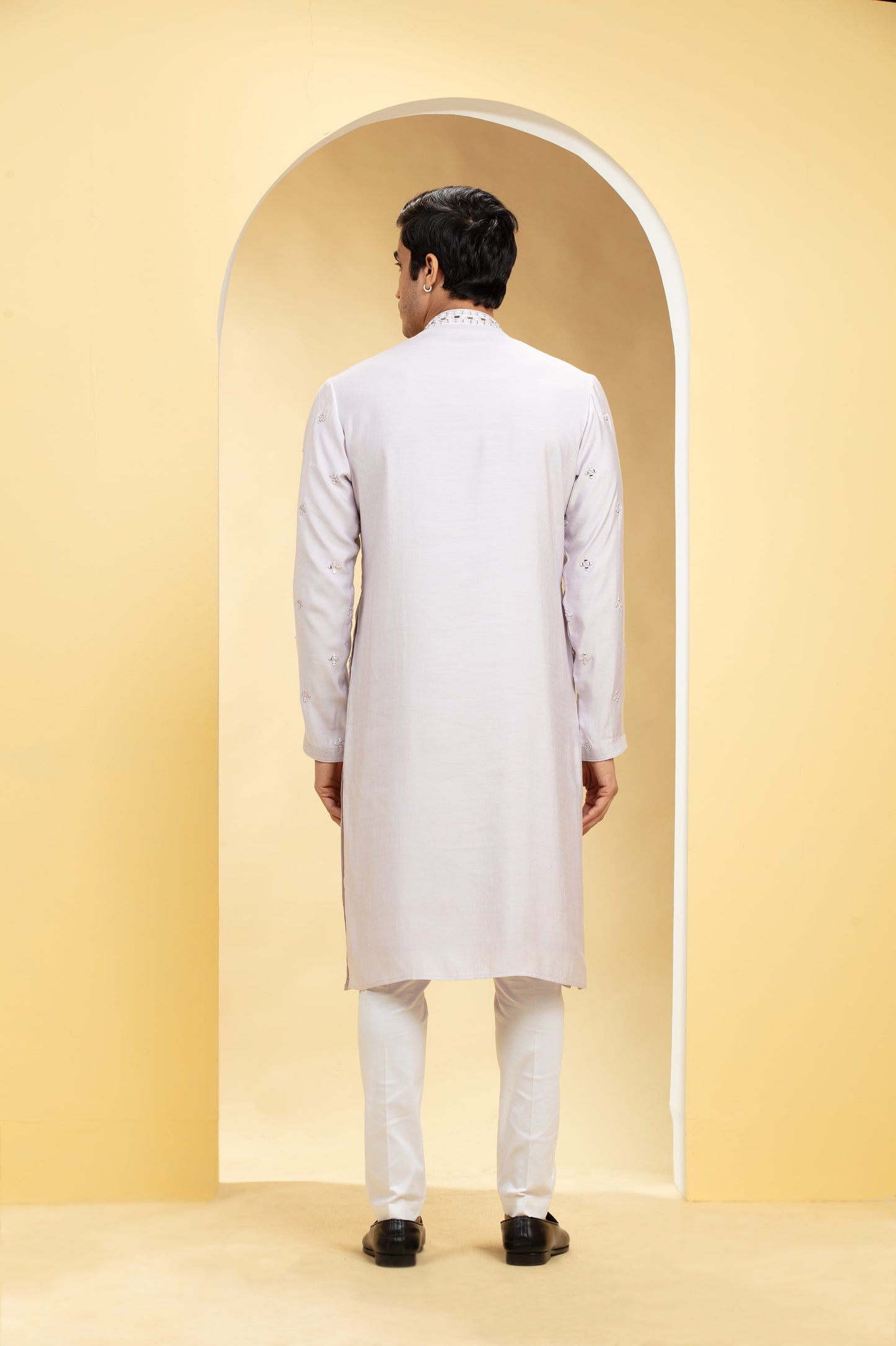 Platinum white Lucknowi kurta pajama Set with Mirror and Thread work