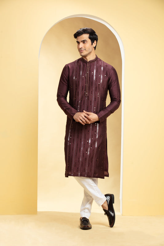 Burgundy Lucknowi kurta pajama Set with Mirror and sequin work