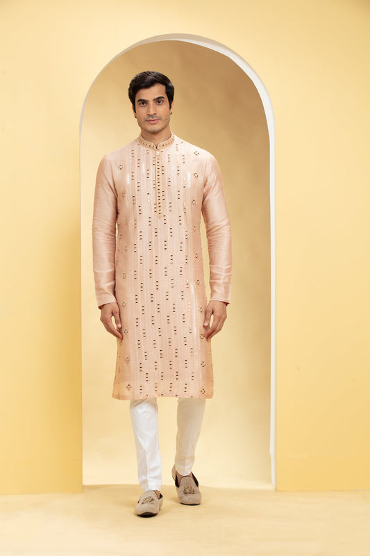 Coral Peach Lucknowi kurta pajama Set with Mirror and Thread work