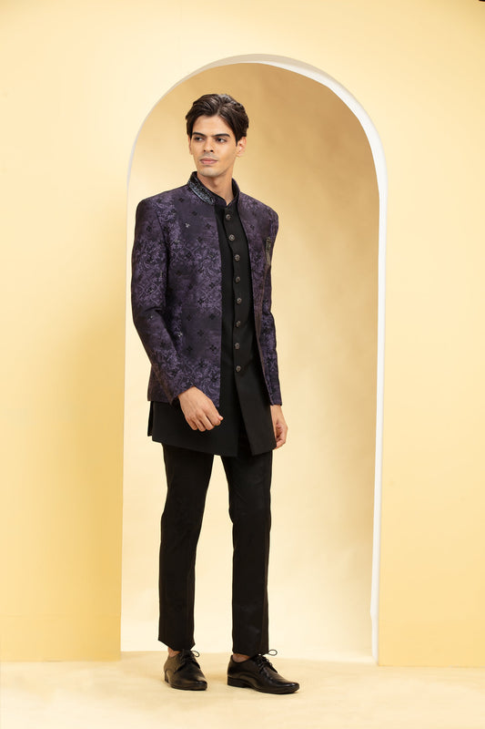 Eggplant purple Open Jodhpuri Set with metal buttons and silver brooch