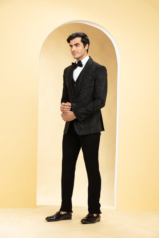 Sable Black Suede Tuxedo Set and Bow tie with Self cutdana work