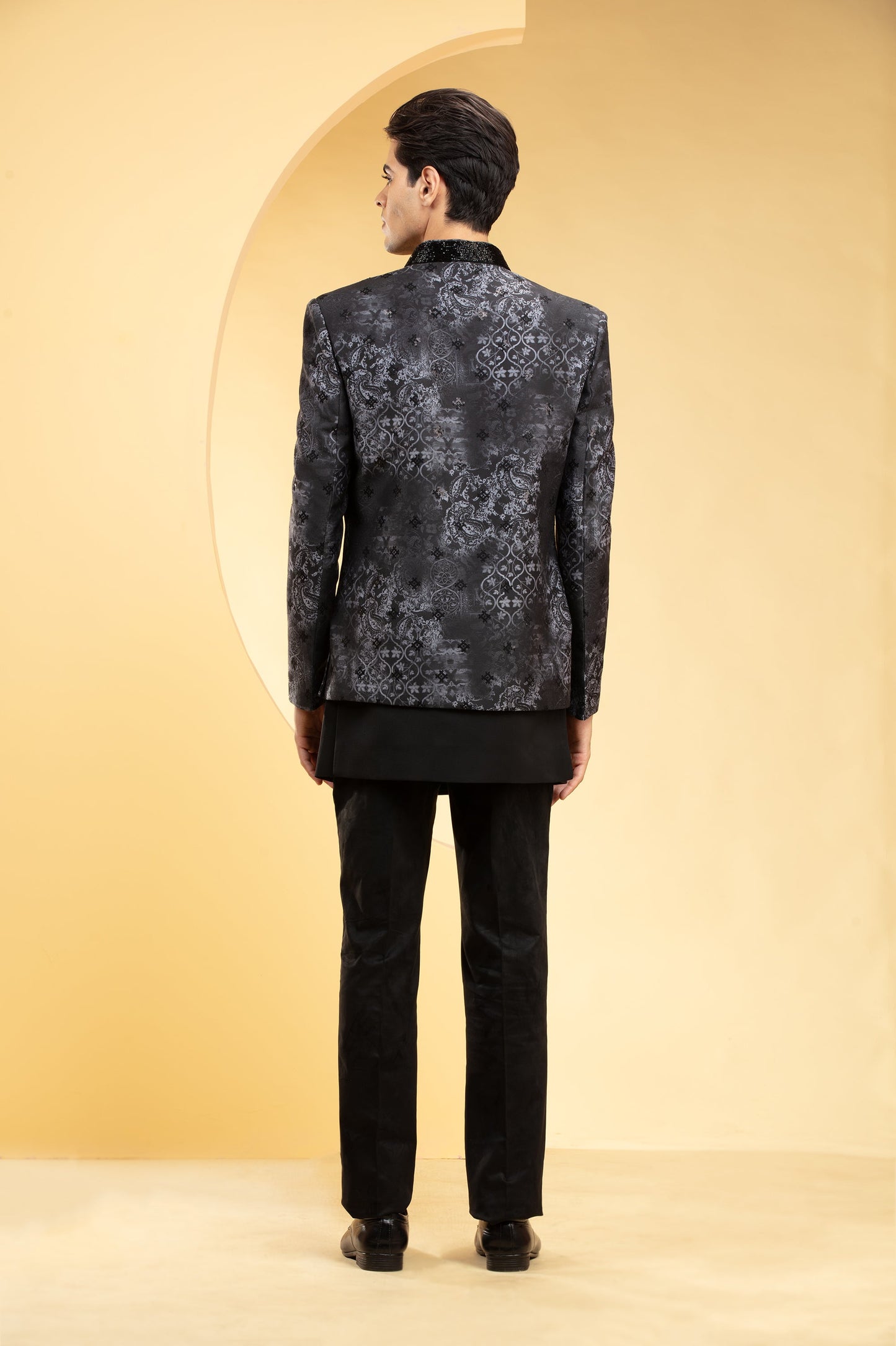 Coal Black Open Jodhpuri set on Jacquart fabric with metal buttons