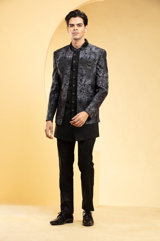 Coal Black Open Jodhpuri set on Jacquart fabric with metal buttons