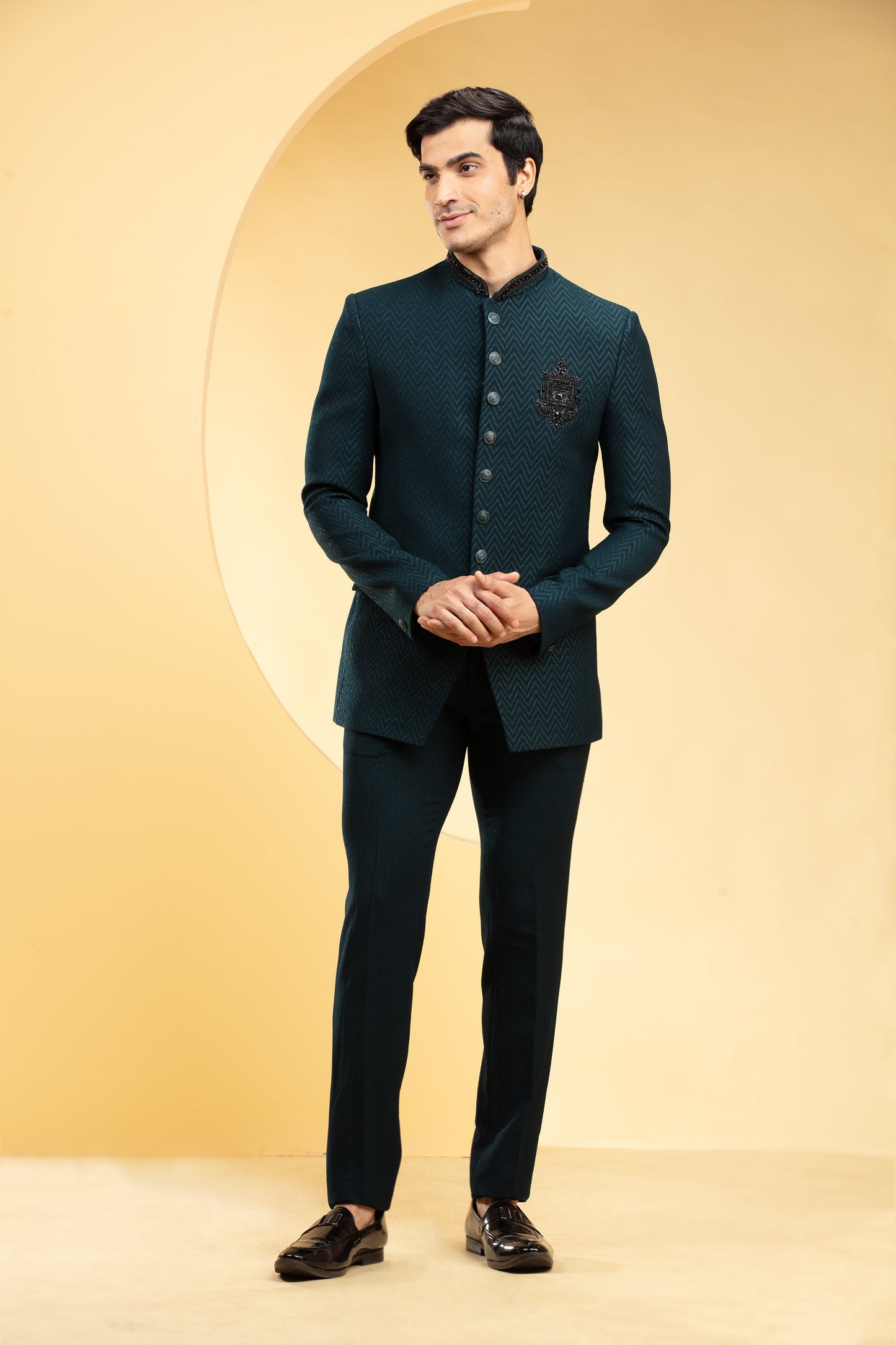 Deep Green Jodhpuri Set with front pockets and Self handwork
