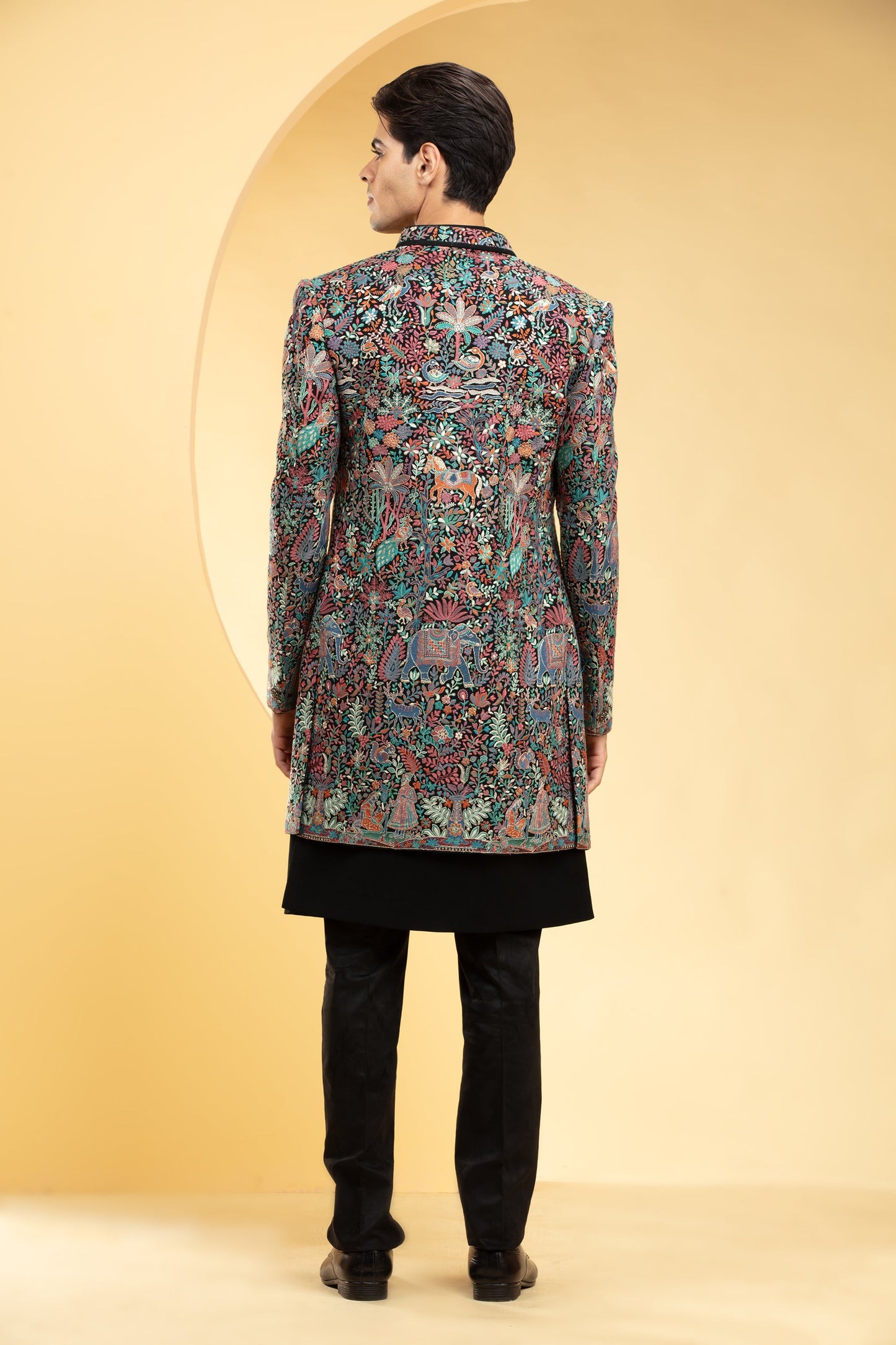 Multicolour Open Indo Western Set with multicolour hand work and metal buttons