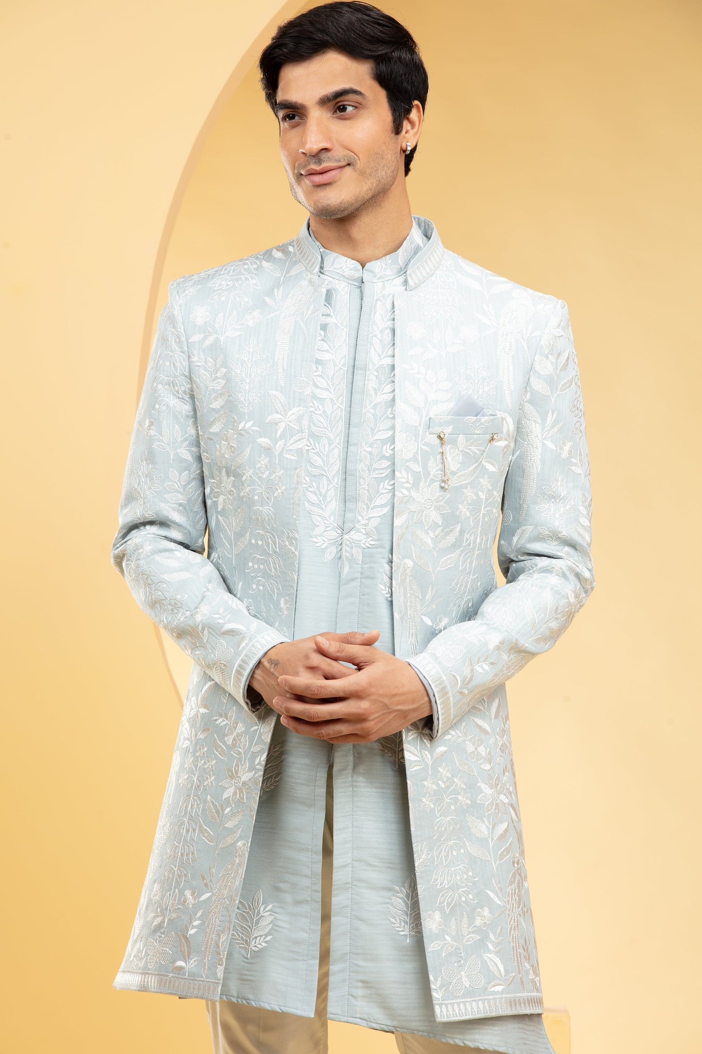 Powder Blue Open Indo Western with all over thread work