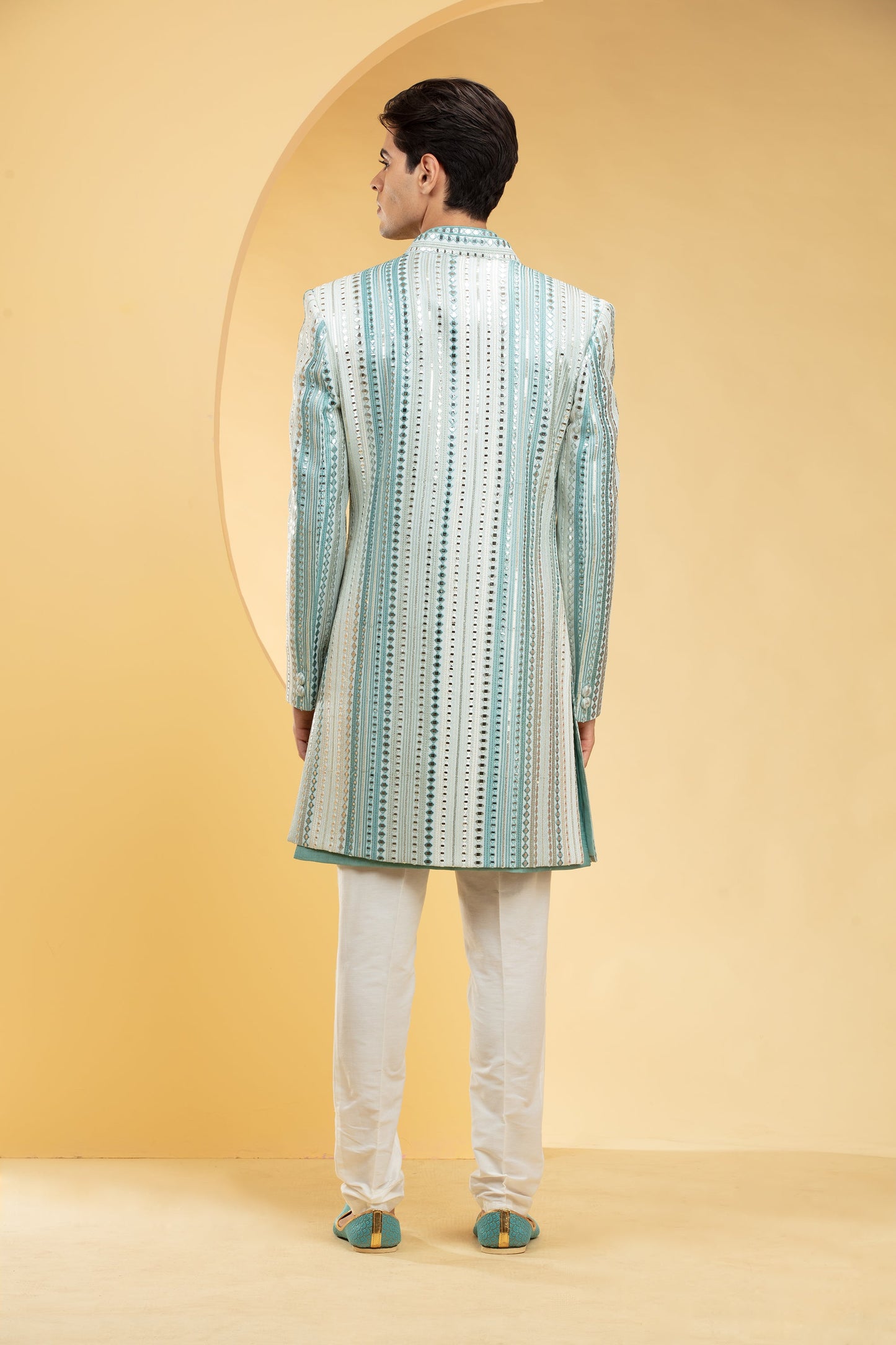 Sky blue & white Open indo western set with mirror & thread work