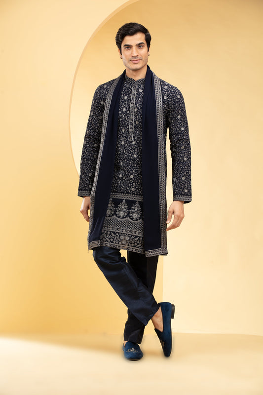 Dark Blue Lucknowi kurta Set with heavy Daman work and matching Dupatta