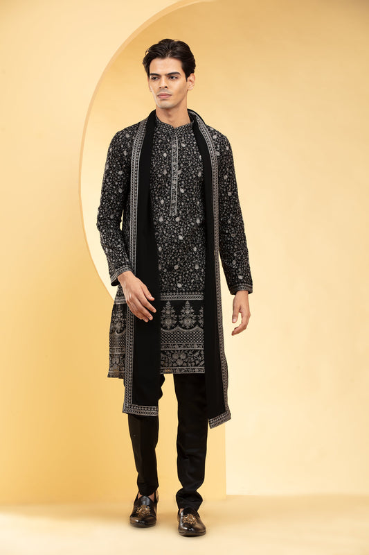 Onyx Black Lucknowi kurta Set with heavy Daman work and matching Dupatta