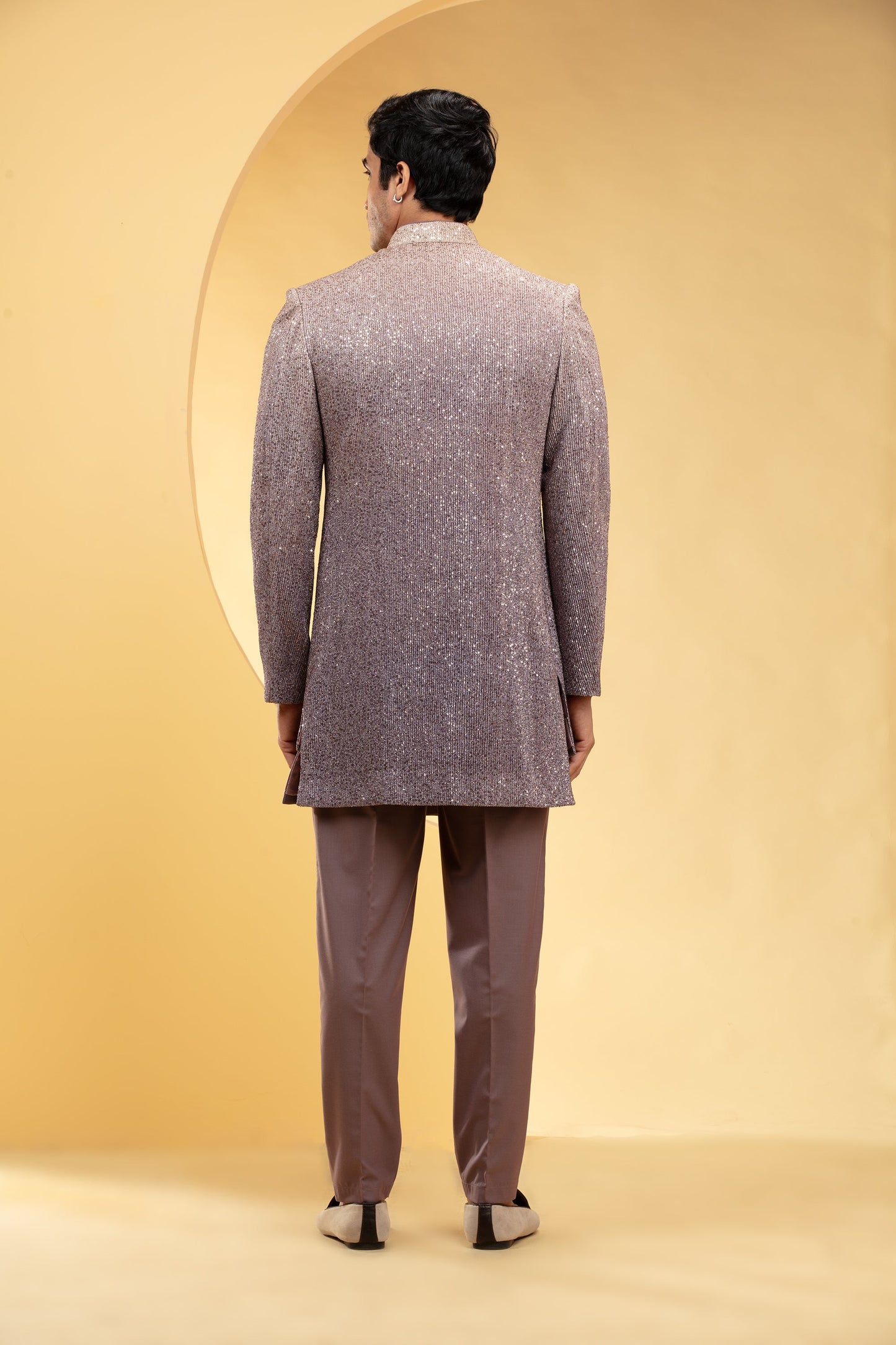 Pastel Brown Open Indo Western Set with al over sequins work and metal buttons