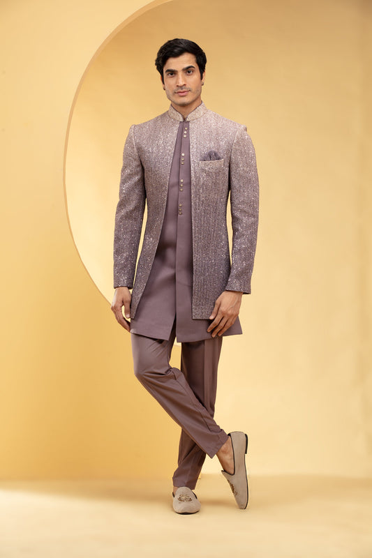 Pastel Brown Open Indo Western Set with al over sequins work and metal buttons