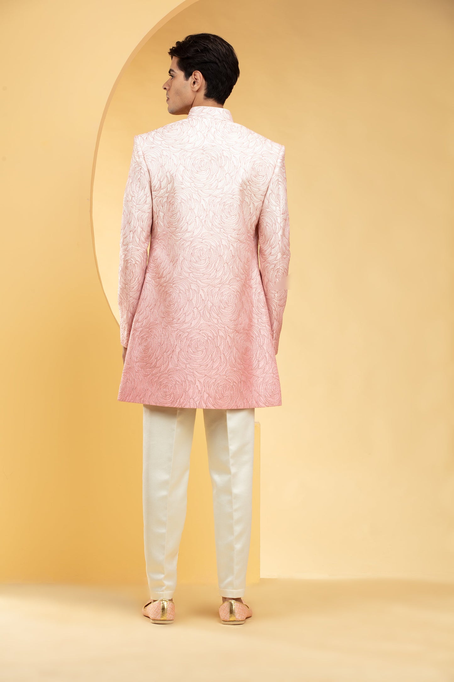 Rose Pink Ombre open Indo Western set with all over thread work