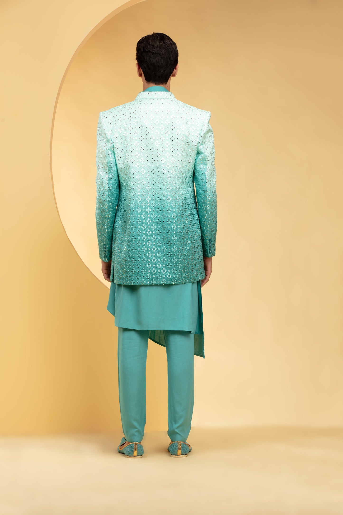 Sea green ombre open Jodhpuri set with sequin work