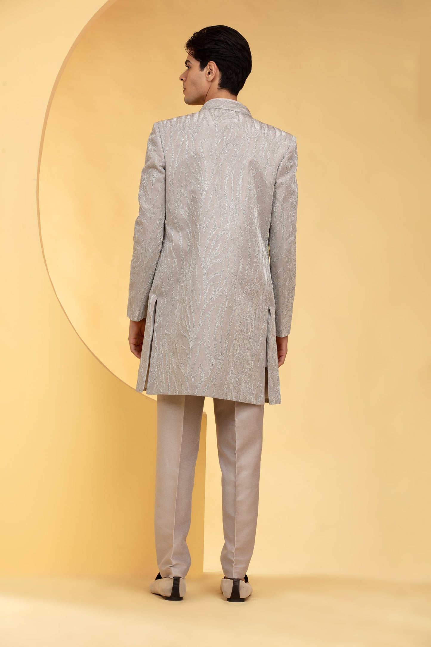 Hazel wood Gold Ombré Open Indo Western Set with al over sequins work and metal buttons