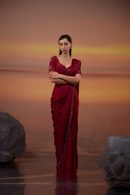 Dark Maroon Sequins Embroidered Chiffon Satin Party Wear Drape Saree Set