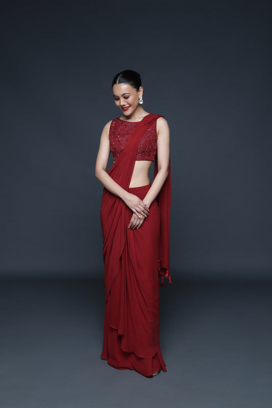 Mineral Red Pre Drape Saree - Sanjeev Marwaaha