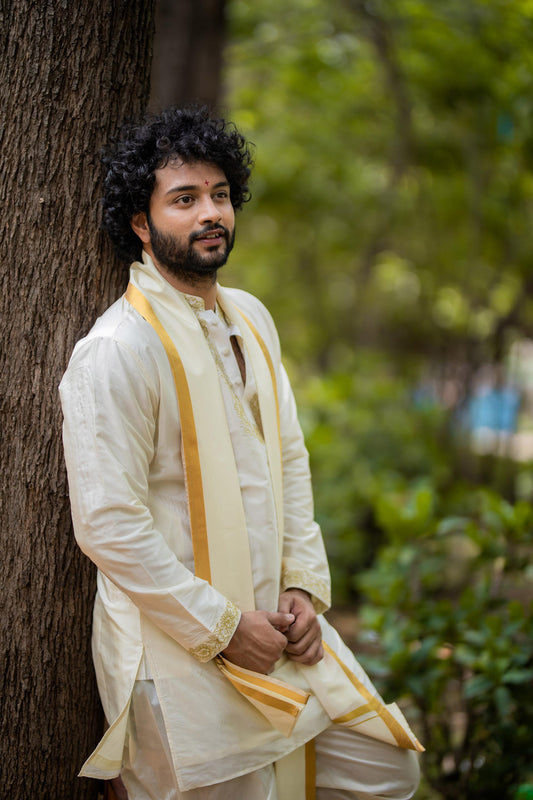 Off white Zari Machine Embroidered Pattu Set