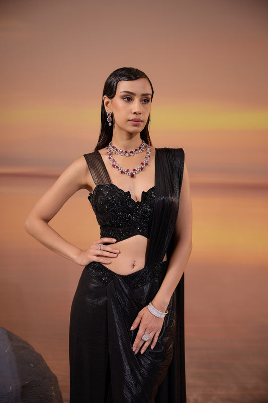 Black Embellished Strappy Blouse with Hand Embroidered Lyra Saree Set