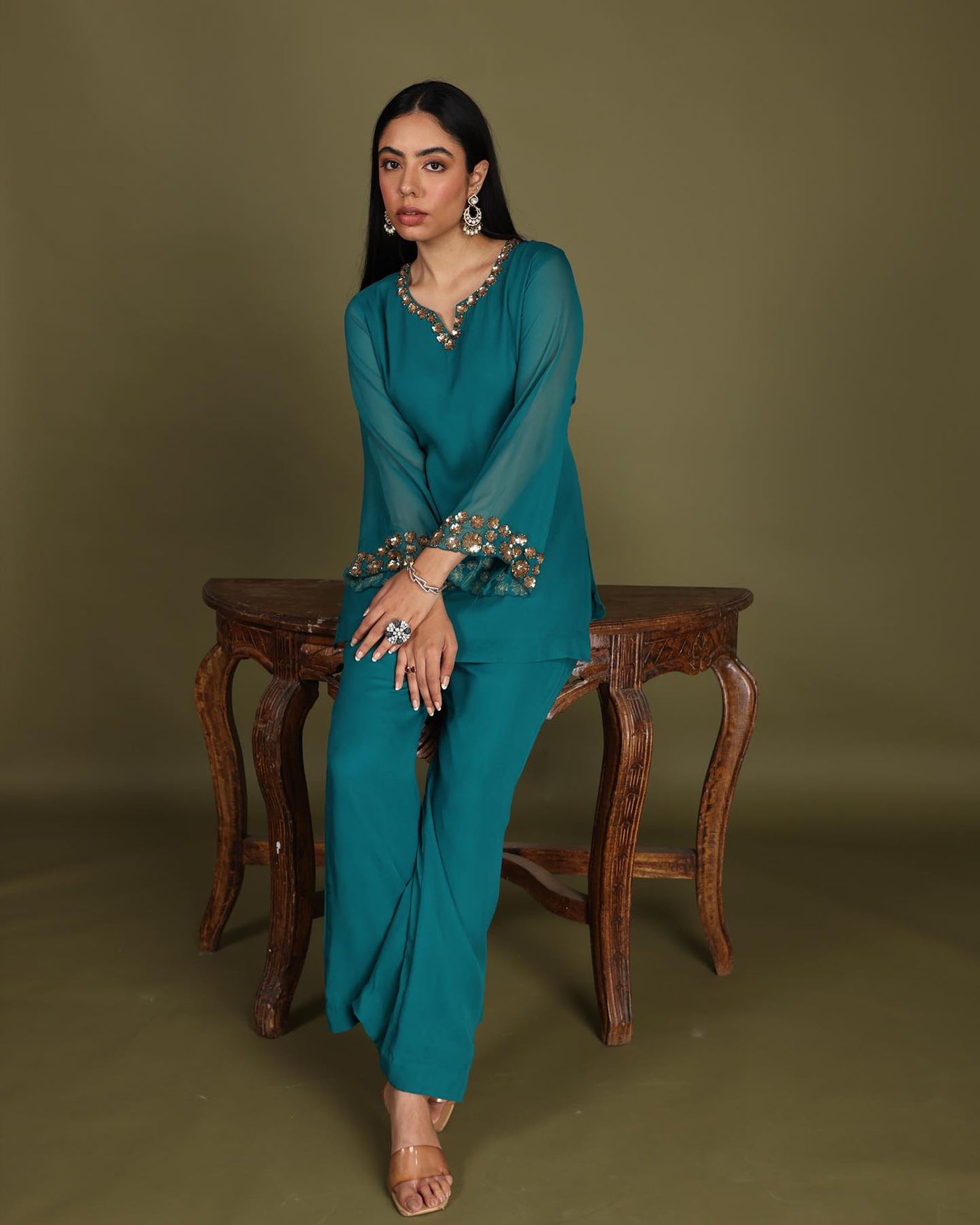 Bottle green Georgette Sequins Embroidered Festive coord set