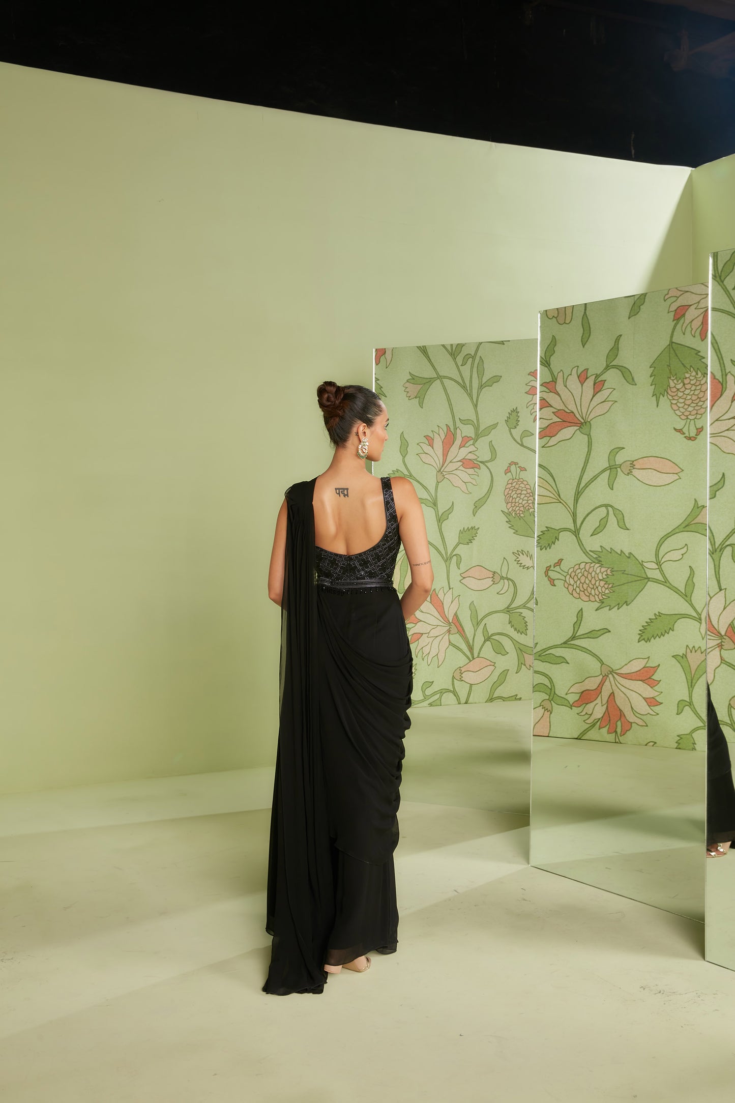 Black Georgette 3D Geometrical Embroidery Jumpsuit Saree