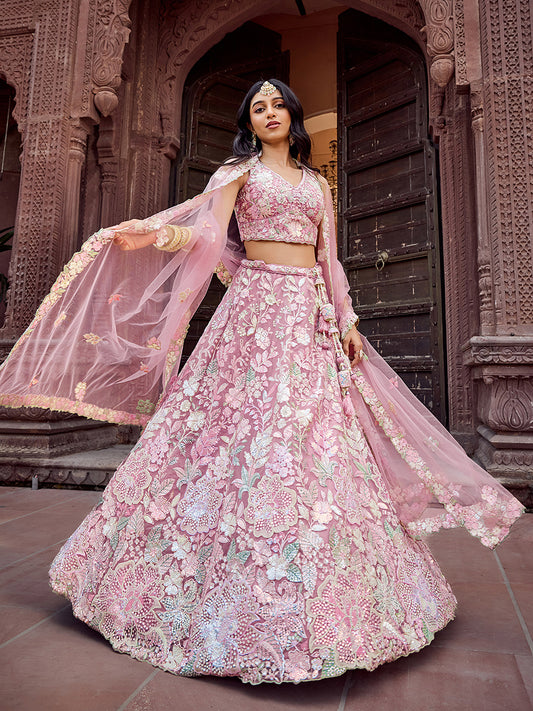 Pink Net Sequins embroidery Lehenga Choli for Engagement