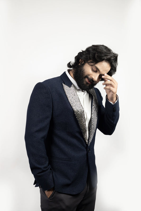 Blaze Shimmer Navy Blue Poly Blend Embrodeired Blazer