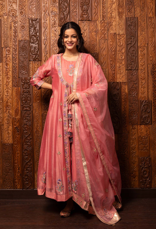Tales of grace Pink Chanderi silk Embroidered Anarkali