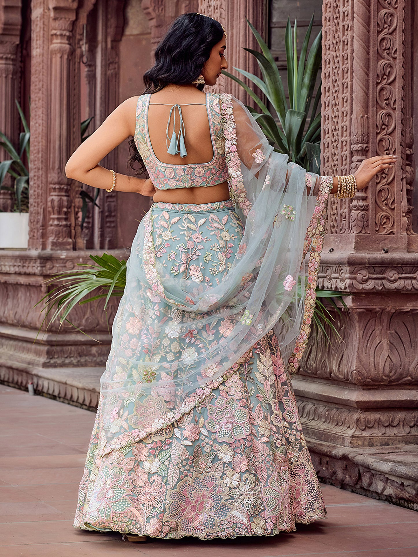 Turquoise Blue Net Sequins embroidery Lehenga Choli for Wedding