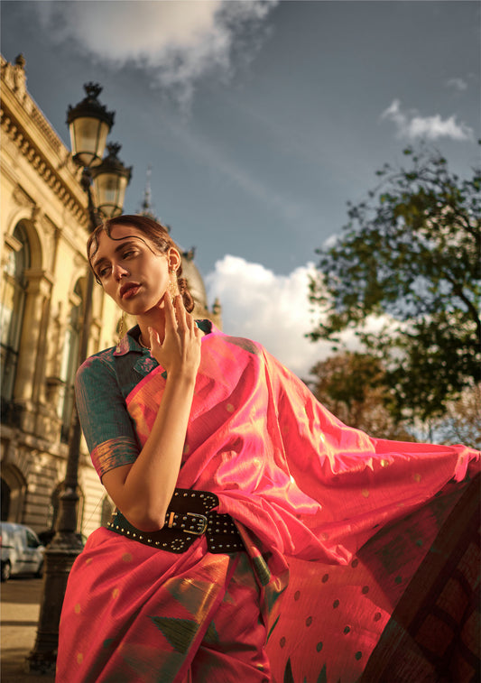 Coral Pink Khwaab Handloom Khadi Silk Saree