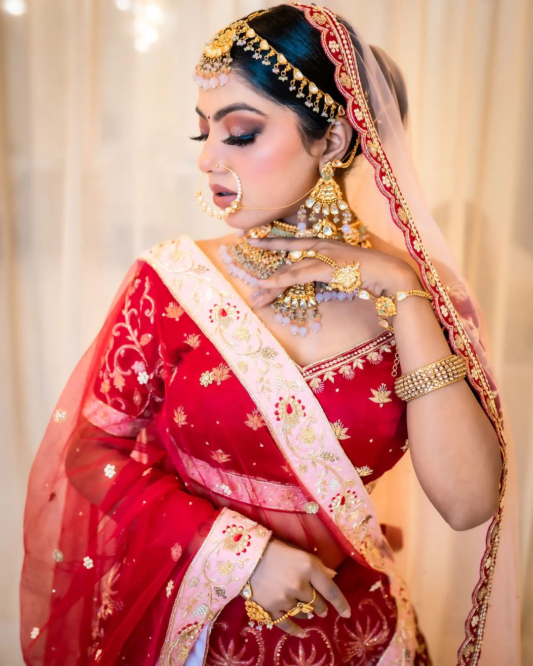 Crimson Linen Silk Zardosi marwari lehenga