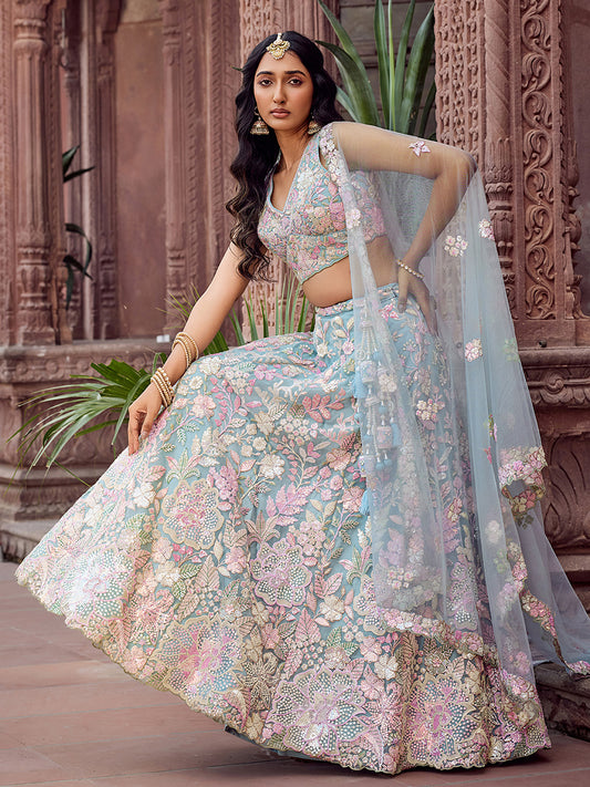 Turquoise Blue Net Sequins embroidery Lehenga Choli for Wedding
