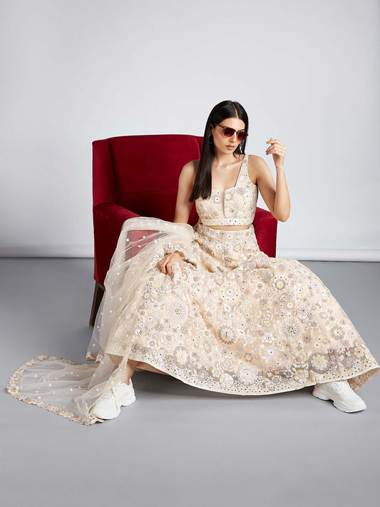 Cream Net Sequins, Mirror and thread embroidery Lehenga choli & Dupatta