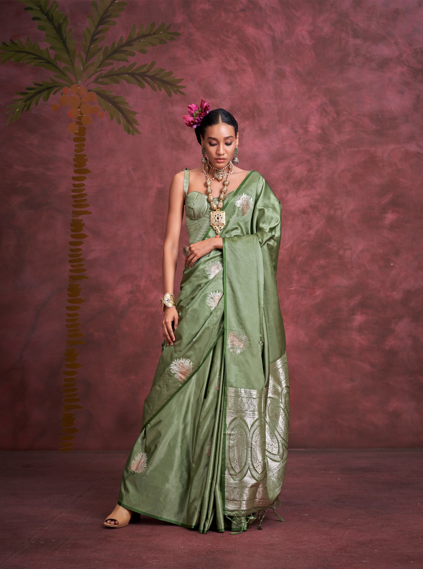 Sage Green Kanthkala Satin Silk Handloom Banarasi Zari Weaving Saree