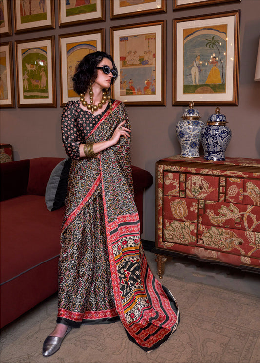Black Konzai Satin Crape Saree With Digital Patola Prints