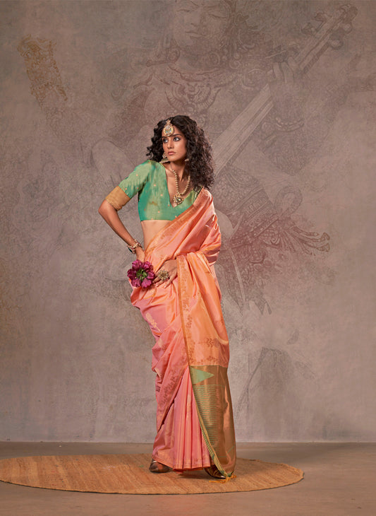 Orange Kirtan Two Tone Handloom Weaving Silk Saree With Contrast Pallu