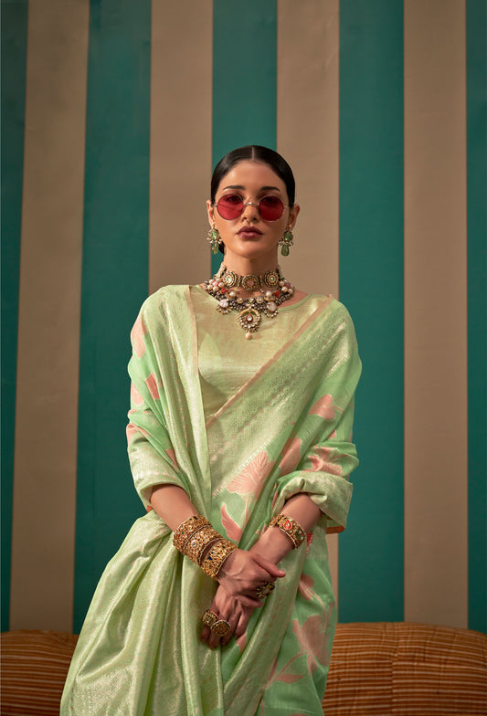 Mint Green Kapri Linen Handloom Silk Saree