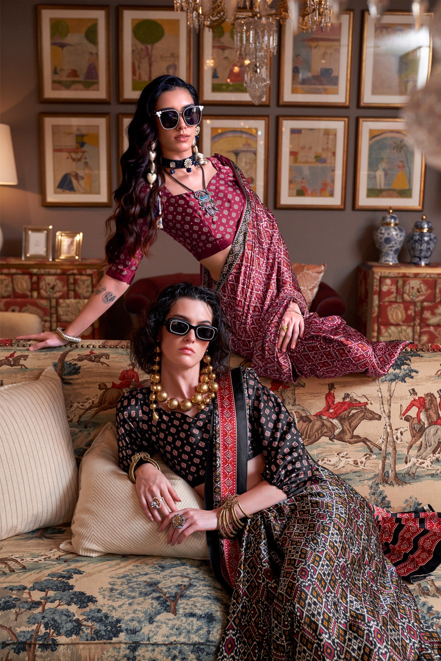 Black Konzai Satin Crape Saree With Digital Patola Prints