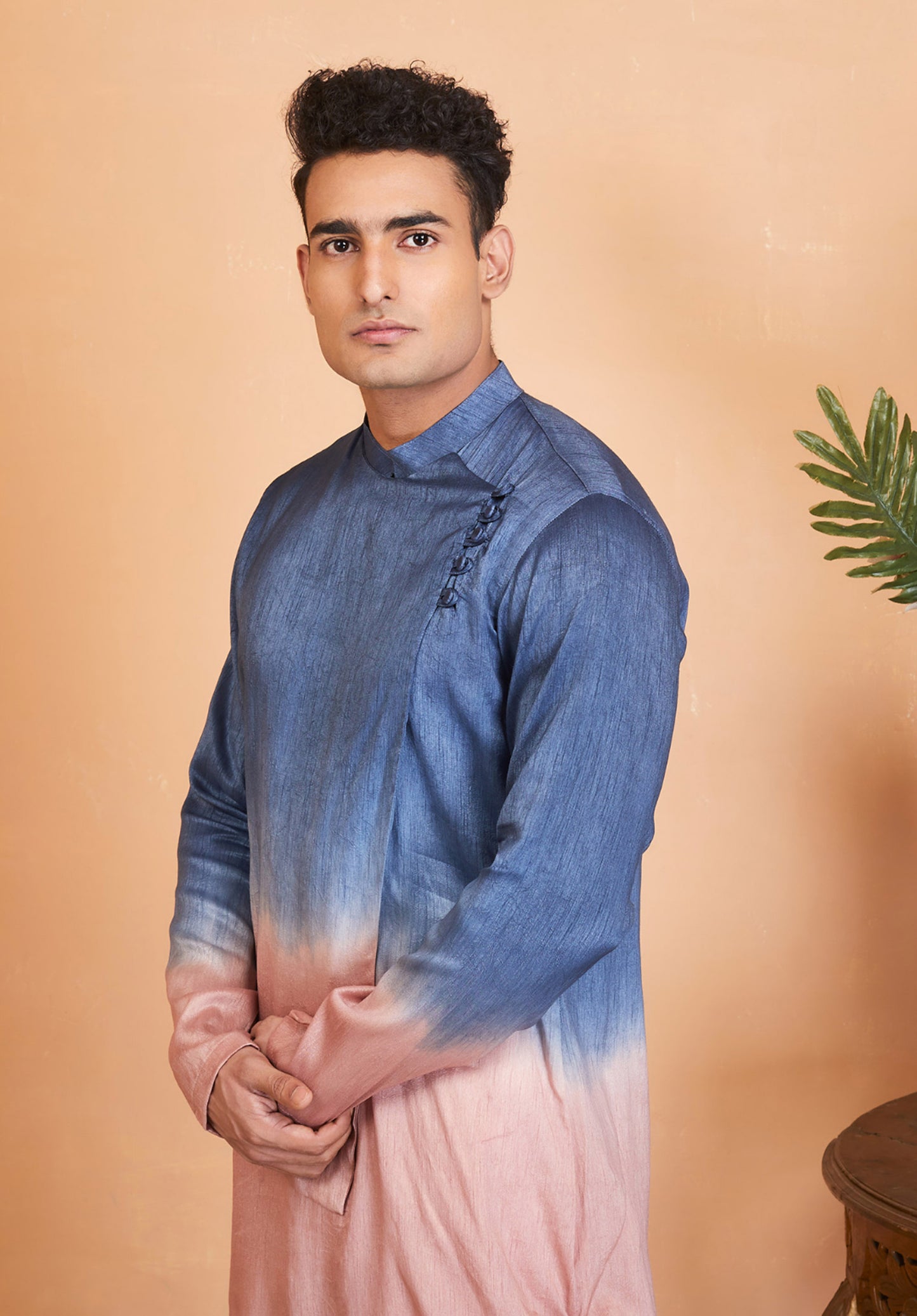 Teal Blue & Peach Raw Silk Stylish ( only Kurta )