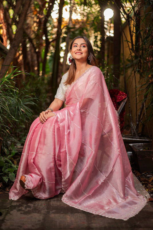 Pink handwork jimmychoo organza saree