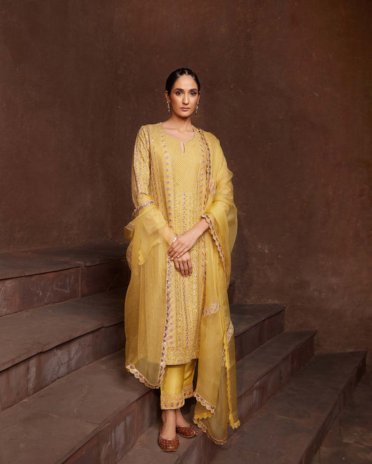 Art Deco Mustard Crepe Hand Embroidered Haldi Kurta set