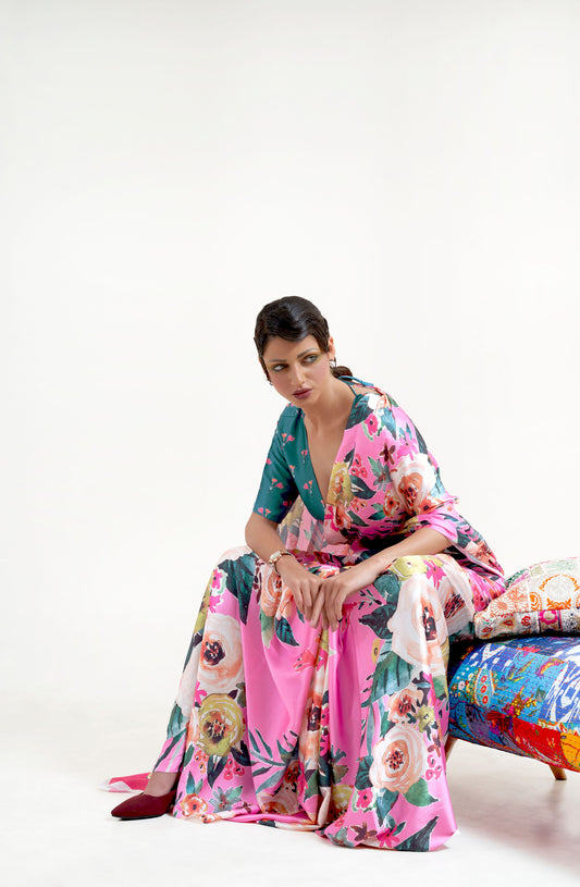 Pink Kazo Digital Soft Crepe Printed Saree