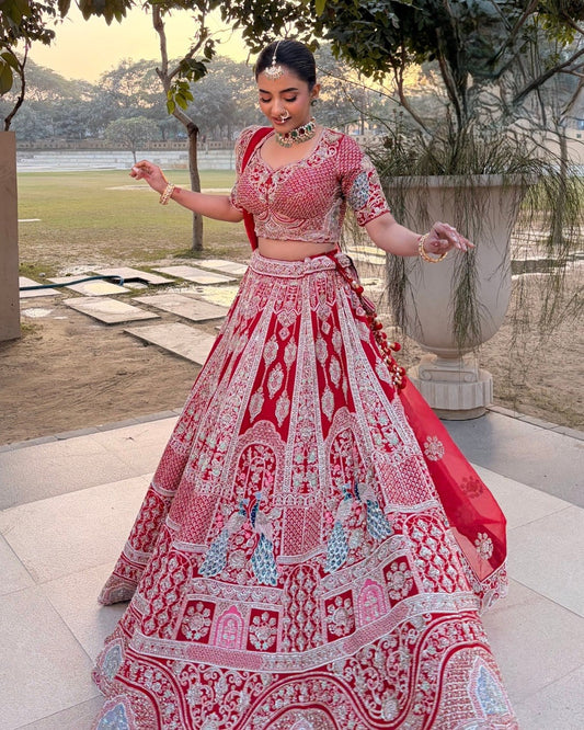 Red Silk With Peacock Motifs Bridal Lehenga