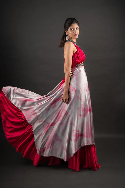 Marble Printed Asymmetric Two Layer Skirt and Shoulder Ruffle